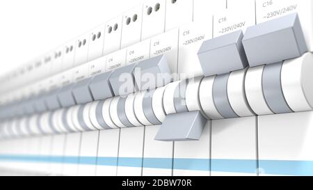 Close-up su diversi interruttori di sicurezza. La telecamera si concentra su una strega è spento. Altri interruttori sono a. Foto Stock