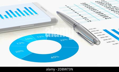 Vista ravvicinata di un area di lavoro professionale con grafica su un foglio di carta e uno smartphone con dati di analisi Foto Stock