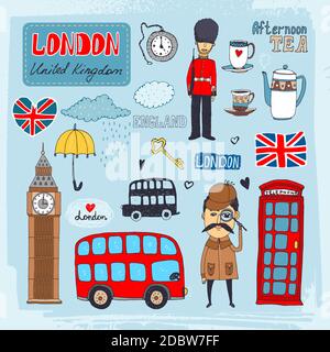 Set di illustrazioni disegnate a mano di monumenti e simboli iconici londinesi Incluso beefeater guardia Big ben tè cabina telefono rosso a due piani autobus Illustrazione Vettoriale