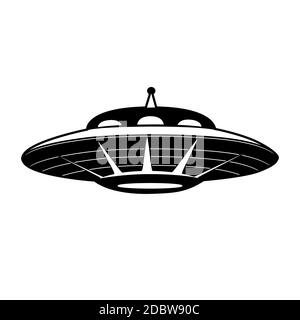 Silhouette nera di UFO con. Piatto volante. Oggetto volante sconosciuto. Ospite dallo spazio. Oggetto vettoriale per icona, logo, carta, banner e la vostra creatività. Illustrazione Vettoriale