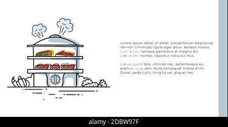 Banner orizzontale con illustrazione del contorno di una vaporiera con cibo e posto per il testo. Cibo sano al vapore. Immagine moderna del boiler doppio. Ve Illustrazione Vettoriale
