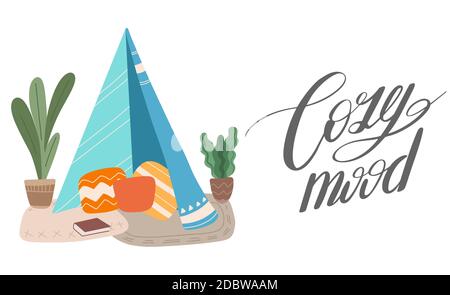 Atmosfera accogliente. Illustrazione piatta della casa coperta con iscrizione calligrafica dell'inchiostro. L'atmosfera per le cose accoglienti. Rimani a casa. Fortezza coperta. Orizzonte vettoriale Illustrazione Vettoriale