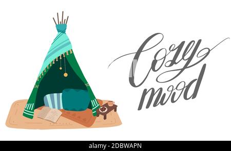 Atmosfera accogliente. Illustrazione piatta della casa coperta con iscrizione calligrafica dell'inchiostro. L'atmosfera per le cose accoglienti. Rimani a casa. Fortezza coperta. Orizzonte vettoriale Illustrazione Vettoriale