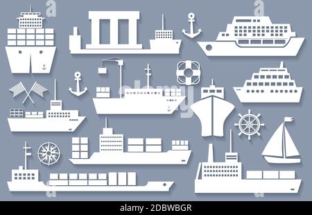 imbarcazione vettoriale e nave icone bianche con ombre Illustrazione Vettoriale