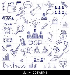 Vettoriale business doodles senza cuciture pattern sfondo con diagrammi, esseri umani e idee bulbi Illustrazione Vettoriale