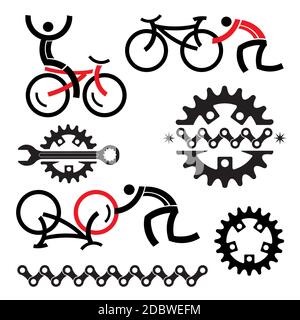 Servizio di riparazione in bicicletta, icone. Set di icone e parti di bicicletta. Vettore disponibile. Illustrazione Vettoriale