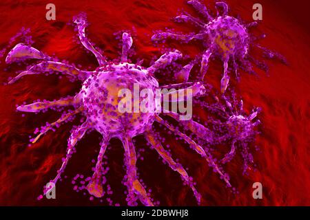 3D reso illustrazione di crescita della cellula di cancro spalmatura su tessuto sano. Foto Stock