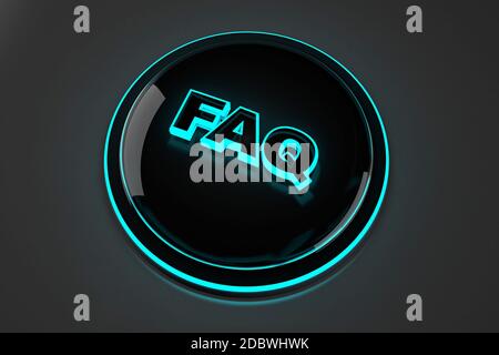 3D reso illustrazione di un incandescente pulsante FAQ per le domande più frequenti. Foto Stock