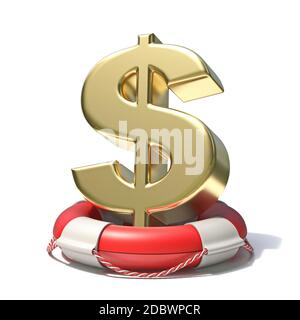 Simbolo del dollaro d'oro in lifebuoy 3D rappresentazione illustrazione isolata su sfondo bianco Foto Stock