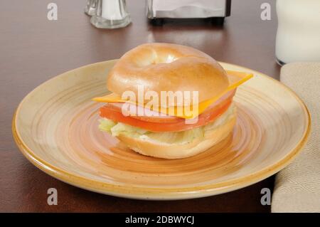 Un panino di prosciutto e formaggio su un bagel semplice Foto Stock