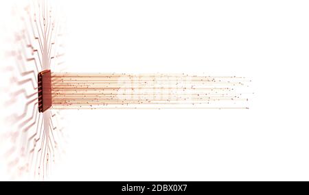 Intelligenza artificiale. Collegamenti a microchip, impulsi elettrici e codici binari. Foto Stock