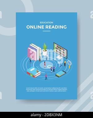 formazione online leggere persone intorno a libro smartphone computer per modello di striscioni e volantini per la stampa di copertine e poster di riviste Illustrazione Vettoriale