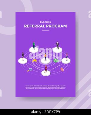 le persone del programma di rinvio di affari che si levano in piedi sulla forma del cerchio collegato a. l'uno con l'altro per il modello di striscione e il volantino per la stampa coperchio del caricatore Illustrazione Vettoriale