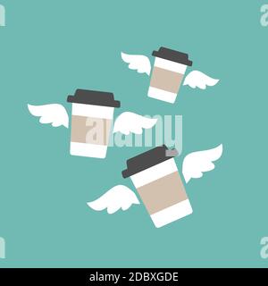 tre tazze da caffè volanti con ali. tazza di caffè in cartone usa e getta. Icona del contenitore della carta isolata in blu. Illustrazione del contorno vettoriale. Illustrazione Vettoriale