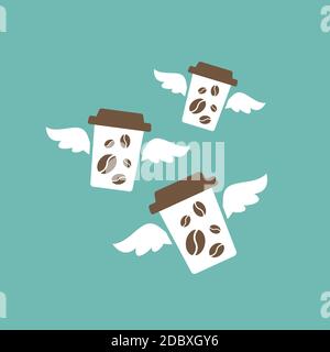 tre tazze da caffè volanti con ali. tazza di caffè in cartone usa e getta. Icona del contenitore della carta isolata in blu. Illustrazione del contorno vettoriale. Illustrazione Vettoriale