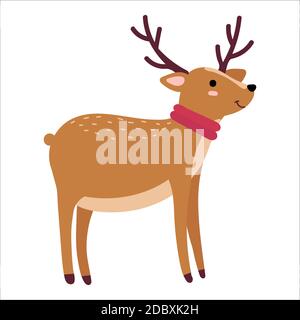 Carina renna natalizia con occhi aperti e sciarpa rossa. Divertente animale disegnato a mano con puntini marrone chiaro e zoccoli neri. Illustrazione vettoriale. Illustrazione Vettoriale