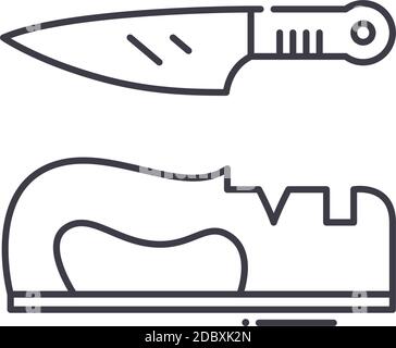 Icona di affilatura coltelli, illustrazione isolata lineare, vettore di linee sottili, segno di disegno web, simbolo di concetto di contorno con tratto modificabile su sfondo bianco Illustrazione Vettoriale