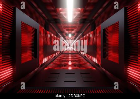 Rappresentazione 3D di un tunnel industriale scuro. Foto Stock