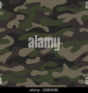 Moderno motivo camouflage verde senza cuciture. Sfondo dell'illustrazione vettoriale per la superficie, il disegno della t-shirt, la stampa, il poster, l'icona, il fotoricettore, i disegni grafici. Illustrazione Vettoriale