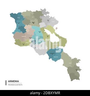 Armenia higt Mappa dettagliata con suddivisioni. Mappa amministrativa dell'Armenia con il nome di distretti e città, colorata per stati e distretto amministrativo Illustrazione Vettoriale