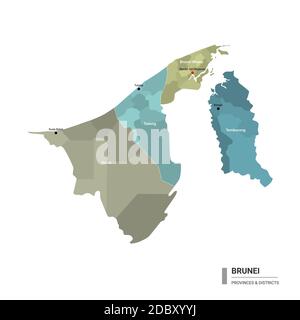 Brunei higt Mappa dettagliata con suddivisioni. Mappa amministrativa del Brunei con il nome dei distretti e delle città, colorata per stati e distretto amministrativo Illustrazione Vettoriale