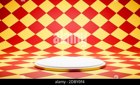 Piattaforma vuota bianca su Red e Yellow Chequered Pattern Studio Rappresentazione 3D di sfondo Foto Stock