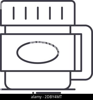 Icona contenitore cibo da cucina, illustrazione lineare isolata, vettore a linee sottili, segno di disegno web, simbolo concetto di contorno con tratto modificabile su bianco Illustrazione Vettoriale