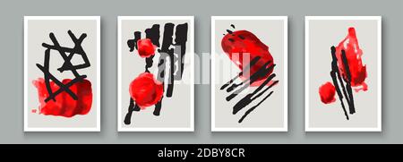 Sfondi artistici astratti disegnati a mano con elementi di macchie d'inchiostro impostati. Pittura pennello texture decorazione forme, oggetti doodle, linee con acryli arte Foto Stock