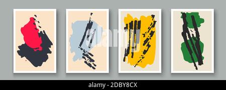 Sfondi artistici astratti disegnati a mano con elementi di macchie d'inchiostro impostati. Pittura pennello texture decorazione forme, oggetti doodle, linee con acryli arte Foto Stock