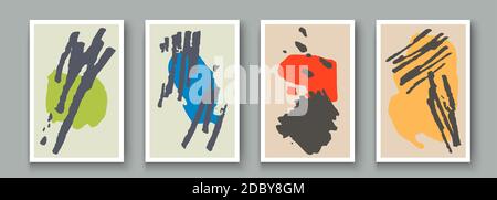 Sfondi artistici astratti disegnati a mano con elementi di macchie d'inchiostro impostati. Pittura pennello texture decorazione forme, oggetti doodle, linee con acryli arte Foto Stock