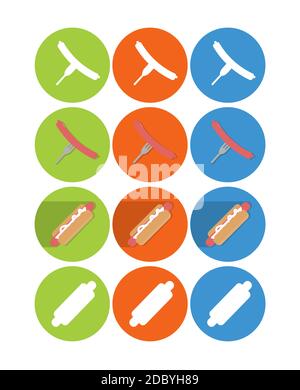 Impostare le icone degli alimenti vettoriali piatti per il Web e i dispositivi mobili. Fast food su sfondo bianco. Icone colorate. EPS 10 Illustrazione Vettoriale