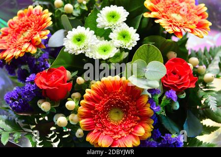 Bouquet di gerbere, rose e felce Foto Stock