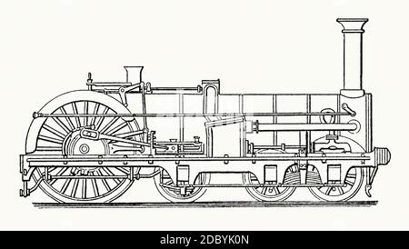 Una vecchia incisione di una locomotiva progettata da Thomas Crampton, Regno Unito circa 1850. E 'da un libro di ingegneria meccanica vittoriana del 1880. Thomas Russell Crampton (1816–1888) è stato un ingegnere inglese, nato a Broadstairs, Kent, e addestrato sulla Great Western Railway di Brunel. È noto per aver progettato la locomotiva Crampton. Crampton si rese conto che le locomotive a scartamento largo della Great Western Railway erano migliori della scartamento standard e nel 1843 Crampton progettò un loco con la ruota motrice posta dietro il focolare. Uno di questi, ‘Folkstone’, è stato esposto alla Grande esposizione del 1851 Foto Stock