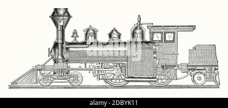 Una vecchia incisione di una locomotiva Baldwin ‘americana’, vista per la prima volta negli Stati Uniti nel 1836. E 'da un libro di ingegneria meccanica vittoriana del 1880. Il Baldwin Locomotiva Works (BLW) è stato un produttore americano di locomotive ferroviarie dal 1825 al 1956. Originariamente situato a Filadelfia, si trasferì nella vicina Eddystone, Pennsylvania, all'inizio del XX secolo. Il suo fondatore, Matthias W Baldwin (1795–1866) è stato un gioielliere. La sua prima locomotiva, ‘Old Ironsides’, fu triallata nel 1832. Questo 4-4-0 è più comunemente noto come tipo ‘americano’. Foto Stock