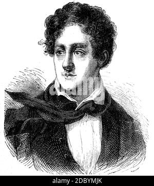 George Gordon Byron, 6° barone Byron, 22 gennaio 1788 - 19 aprile 1824, conosciuto semplicemente come Lord Byron, è stato un . Baron Byron, 22. Gennaio 1788 - 19. Aprile 1824, bekannt als Lord Byron, war ein britischer Dichter und einer der wesentlichen Vertrter der englischen Romantik, Historisch, storico, digitale riproduzione migliorata di un originale del 19 ° secolo / digitale Reproduktion einer Originalvollage aus dem 19. Jahrhundert Foto Stock