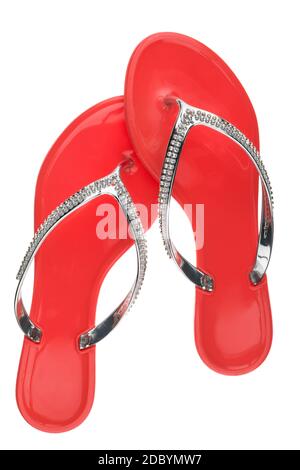 Red flip-flop con strass, isolato su sfondo bianco Foto Stock