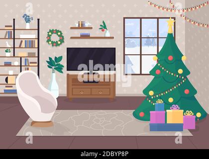 Moderna casa di natale all'interno piatto colore illustrazione vettoriale Illustrazione Vettoriale