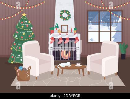 Decorata casa di natale all'interno piatto colore illustrazione vettoriale Illustrazione Vettoriale