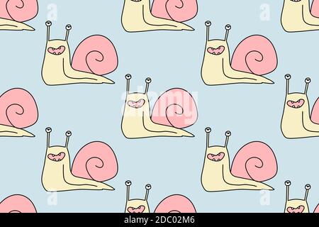Lumaca cartoon disegnata a mano. Strizzone noodle slug. Doodle motivo senza cuciture per bambini isolati su sfondo bianco. Per il vostro tessuto, disegno tessile, avvolgimento Illustrazione Vettoriale