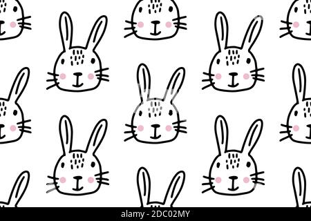 Linee disegnate a mano cartone animato coniglietto. Doodle motivo senza cuciture per bambini isolati su sfondo bianco. Illustrazione Vettoriale