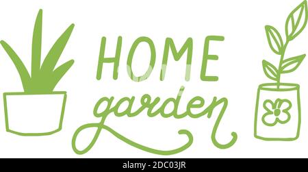 Home giardino, icone insieme di elementi vettoriali isolati su uno sfondo bianco. Illustrazioni a poodle gialle disegnate a mano, scritte. Illustrazione Vettoriale
