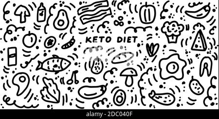 Keto doodle illustrazioni disegnate a mano. Set di icone dieta chetogenica. Cibo biologico. Illustrazione del doodle vettoriale isolata su sfondo bianco. Illustrazione Vettoriale