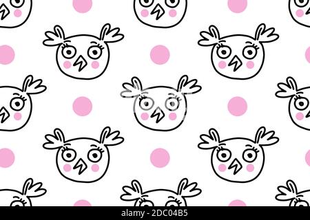 Gufo carino. Linee disegnate a mano cartone animato uccello. Doodle motivo senza cuciture per bambini isolati su sfondo bianco. Per il vostro tessuto, disegno tessile, avvolgimento Illustrazione Vettoriale