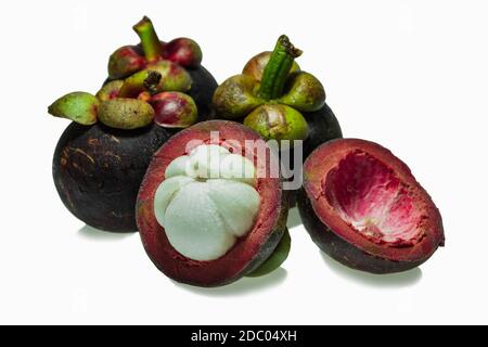 Mangosteen tropicali Frutta su sfondo bianco (messa a fuoco selettiva sul pezzo anteriore) Foto Stock