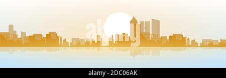 Vista della moderna città diurna. La luce brillante del sole. Alba. Linee dell'orizzonte. Illustrazione vettoriale in stile piatto. Bellissima Illustrazione Vettoriale