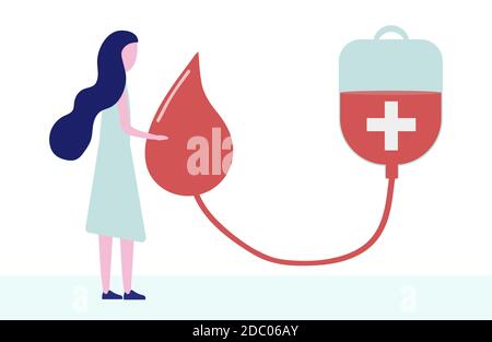 Donare il concetto di sangue con la donna, sacco di sangue e una goccia di sangue in uno stile piatto. Illustrazione Vettoriale