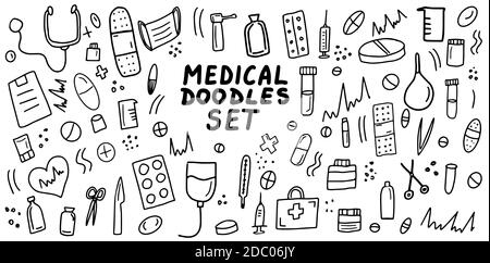 Set di icone di doodles medici. Linee disegnate a mano concetti di assistenza sanitaria, farmacia, medicina cartoni animati collezione di icone. Illustrazione vettoriale. Illustrazione Vettoriale