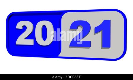 Cambio anno 2021 - numeri dell'anno in blu sulla piastra - isolati su sfondo bianco Foto Stock