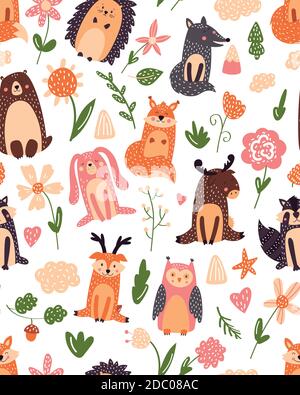 Vintage motivo floreale senza cuciture con animali da bosco: Orso, volpe, gufo, coniglio. Sfondo vettoriale con farfalle, lumache, alberi e fiori. Illustrazione Vettoriale