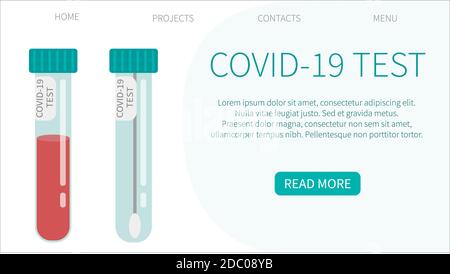 Test COVID-19. Provette con campione di sangue. Concetto di Coronavirus test rapido. Ricerca e diagnosi di laboratorio. Modelli di progettazione di pagine Web. Illustrazione Vettoriale